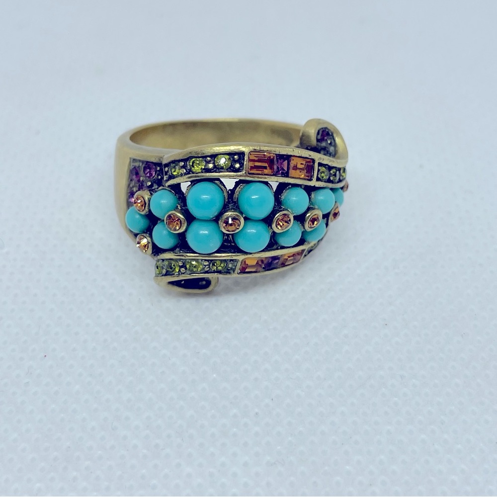 Heidi Daus Signed Turquoise Gold Tone Gold Green Purple Statement Ring, Sz 10 - Picture 7 of 7